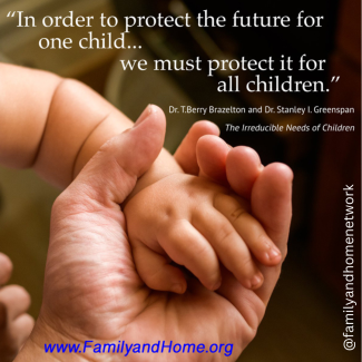 photo of a parent's hand holding a child's hand; text is a quote from Drs Stanley I Greenspan and T. Berry Brazelton: "In order to protect the future for one child, we must protect it for all children."